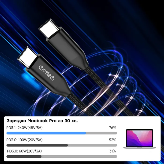 Choetech XCC-1035 1.2м Black USB-C to USB-C PD3.1 Кабель